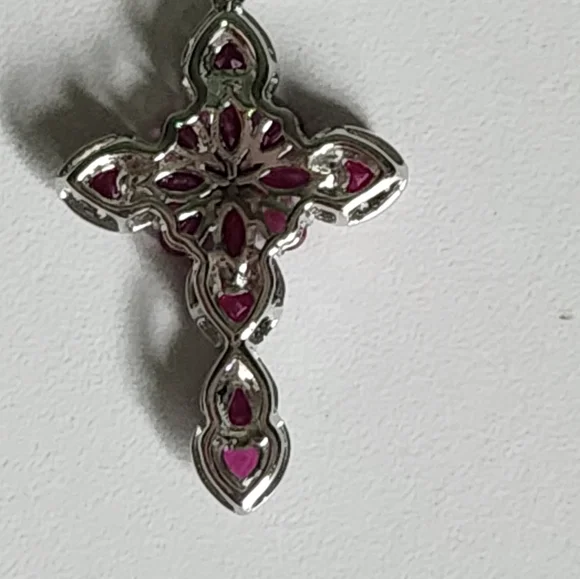 Deep Pink and Silver Cross Pendant With 18-inch S/S Chain (2 Inch Extendender) - Picture 6 of 7